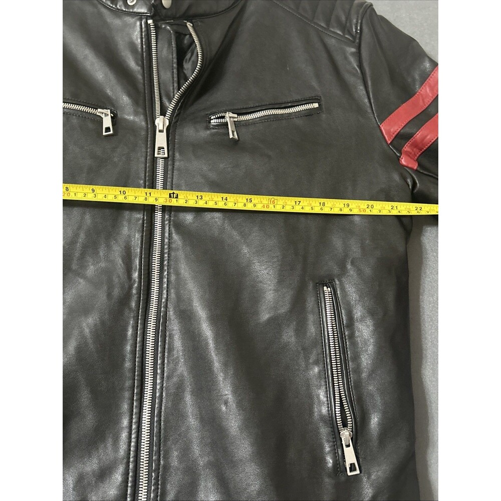 Zara Man Black Faux Leather Moto Biker Jacket Red Stripes Men's Size L Large - Picture 3 of 10